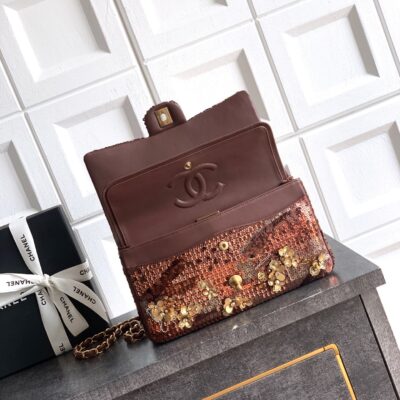 CHANEL 26S CLASSIC FLAP 25 IN BROWN BRONZE SEQUIN GOLD HARDWARE