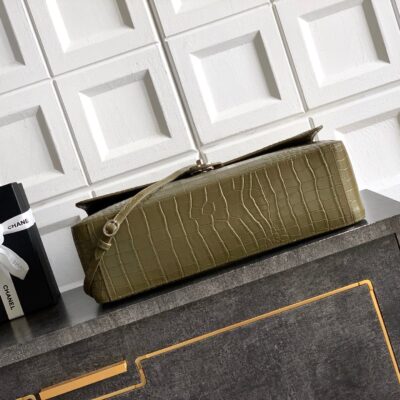 CHANEL 26S SOUPLISSIMO MAXI FLAP 39 IN OLIVE GREEN CROCODILE-EMBOSSED CALFSKIN SILVER HARDWARE