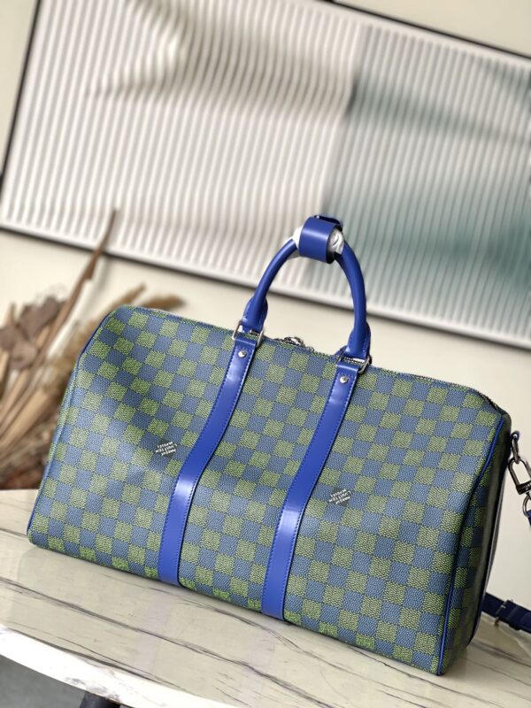 img_9acee4e0_20241004_i1728028187_9123_1_jpg KEEPALL BANDOULIÈRE 45 IN BLUE GREEN DAMIER HERITAGE COATED CANVAS