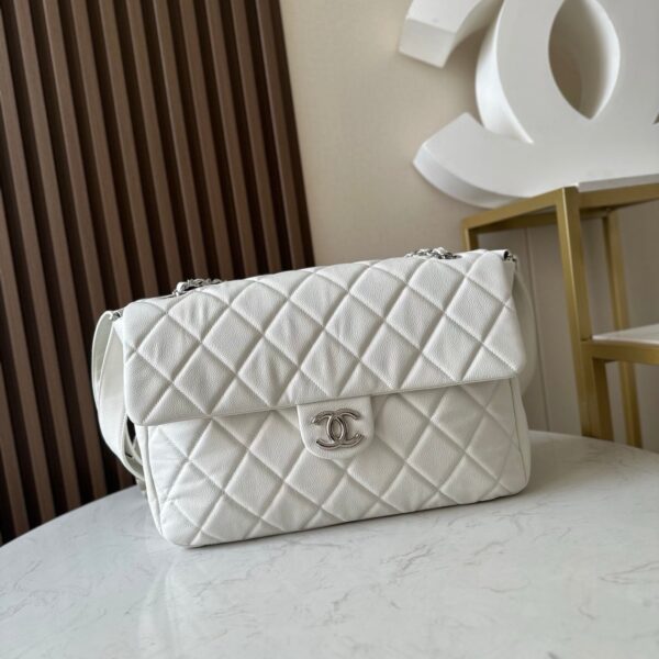 CHANEL 25S SHOULDER BAG 34 IN WHITE CAVIAR WITH SILVER HARDWARE