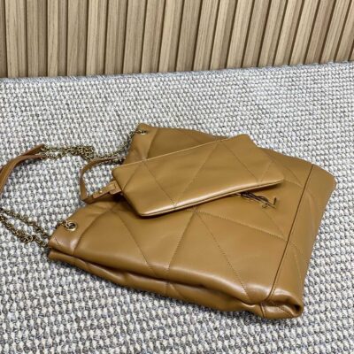 DRAWSTRING CHAIN STRAP SHOULDER BAG 39 IN TORTILLA BROWN QUILTED CALFSKIN