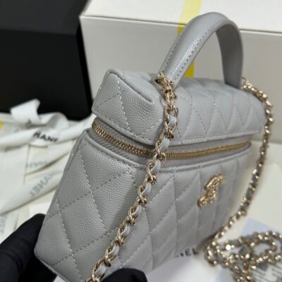 STRASS VANITY QUILTED CASE 19 IN GREY CALFSKIN WITH GOLD METALLIC