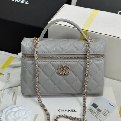 STRASS VANITY QUILTED CASE 19 IN GREY CALFSKIN WITH GOLD METALLIC
