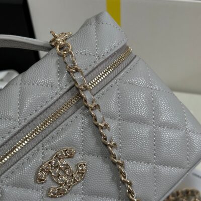 STRASS VANITY QUILTED CASE 19 IN GREY CALFSKIN WITH GOLD METALLIC