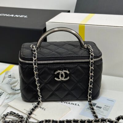 MINI VANITY TOP HANDLE CASE 17 IN BLACK CAVIAR SKIN SILVER-TONE PLATED METAL