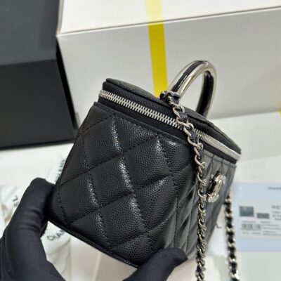 MINI VANITY TOP HANDLE CASE 17 IN BLACK CAVIAR SKIN SILVER-TONE PLATED METAL