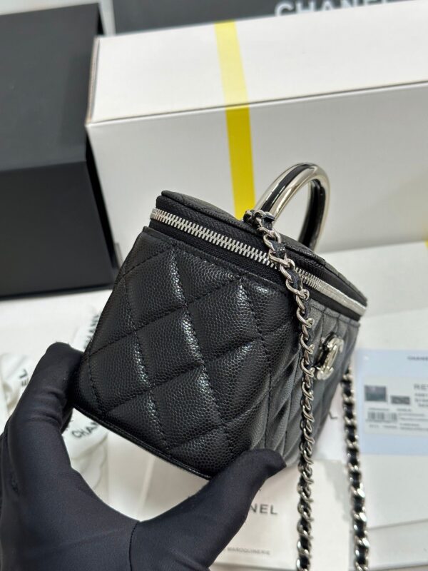 MINI VANITY TOP HANDLE CASE 17 IN BLACK CAVIAR SKIN SILVER-TONE PLATED METAL