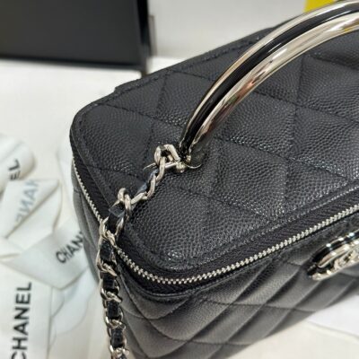 MINI VANITY TOP HANDLE CASE 17 IN BLACK CAVIAR SKIN SILVER-TONE PLATED METAL