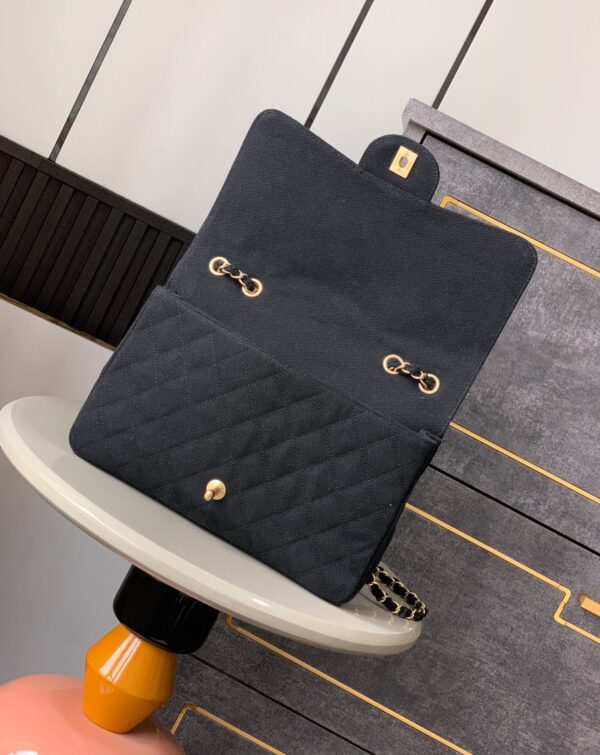 CHANEL 25S CLASSIC FLAP 26 CM IN GUNMETAL BLACK CANVAS EMBROIDERED MOTIF WITH GOLD HARDWARE