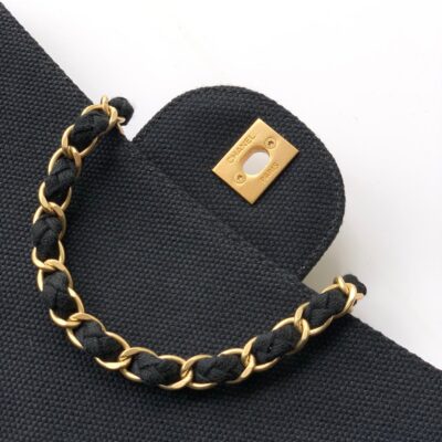 CHANEL 25S CLASSIC FLAP 26 CM IN GUNMETAL BLACK CANVAS EMBROIDERED MOTIF WITH GOLD HARDWARE