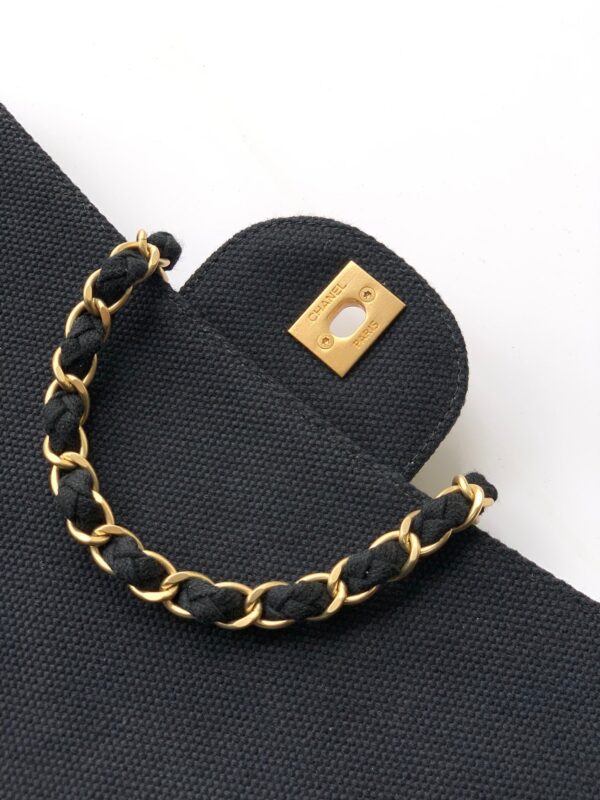 CHANEL 25S CLASSIC FLAP 26 CM IN GUNMETAL BLACK CANVAS EMBROIDERED MOTIF WITH GOLD HARDWARE