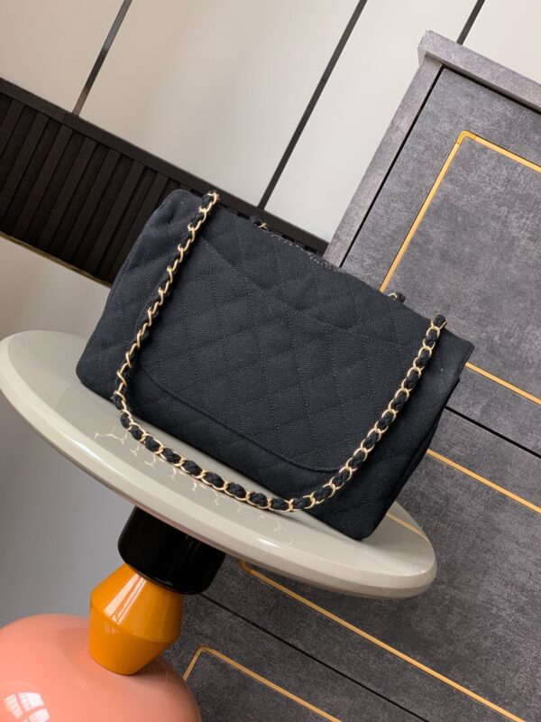 CHANEL 25S CLASSIC FLAP 26 CM IN GUNMETAL BLACK CANVAS EMBROIDERED MOTIF WITH GOLD HARDWARE