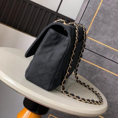 CHANEL 25S CLASSIC FLAP 26 CM IN GUNMETAL BLACK CANVAS EMBROIDERED MOTIF WITH GOLD HARDWARE