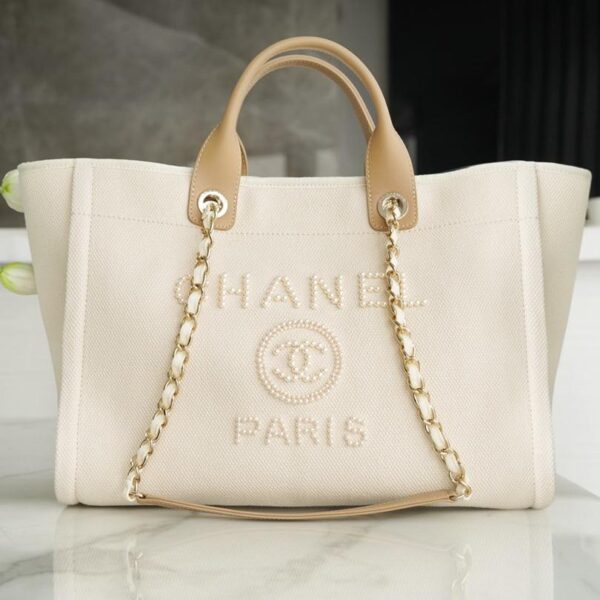 TOTE BAG 39 ATTACHED PEARL LOGO IN BEIGE CANVAS GOLD HARDWARE