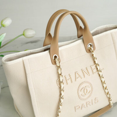 TOTE BAG 39 ATTACHED PEARL LOGO IN BEIGE CANVAS GOLD HARDWARE