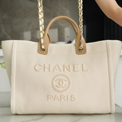 TOTE BAG 39 ATTACHED PEARL LOGO IN BEIGE CANVAS GOLD HARDWARE