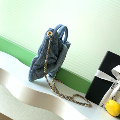 CHANEL 25S MAXI BOW BAG 26 IN BLUE DENIM WITH GOLD HARDWARE
