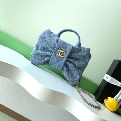 CHANEL 25S MAXI BOW BAG 26 IN BLUE DENIM WITH GOLD HARDWARE