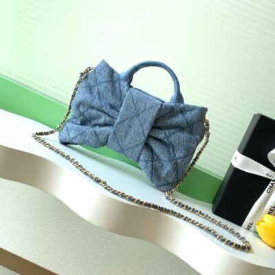 CHANEL 25S MAXI BOW BAG 26 IN BLUE DENIM WITH GOLD HARDWARE