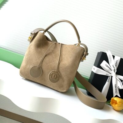 CHANEL 26S BUCKET SHOULDER BAG MEDIUM 29 IN DARK BEIGE SUEDE AND CALFSKIN GOLD HARDWARE