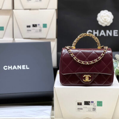 CHANEL TOP HANDLE 19 IN WINE RED LAMBSKIN GOLD HARDWARE