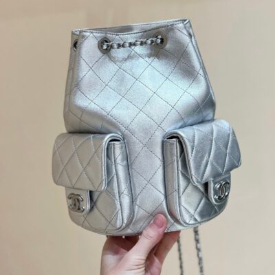DRAWSTRING BUCKET BACKPACK 24 IN SILVER-TONE LAMBSKIN SILVER HARDWARE