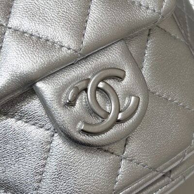 DRAWSTRING BUCKET BACKPACK 24 IN SILVER-TONE LAMBSKIN SILVER HARDWARE