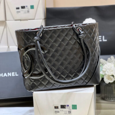 CHANEL 25S CAMBON LIGNE TOTE BAG 30 IN BLACK LAMBSKIN