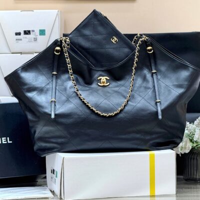LARGE MAXI SHOPPING BAG 59 IN BLACK CALFSKIN GOLD-TONE METAL