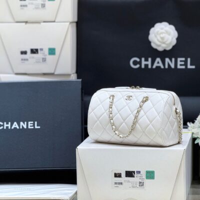 CHANEL 25S MINI BOWLING BAG 18 IN WHITE CALFSKIN GOLD HARDWARE