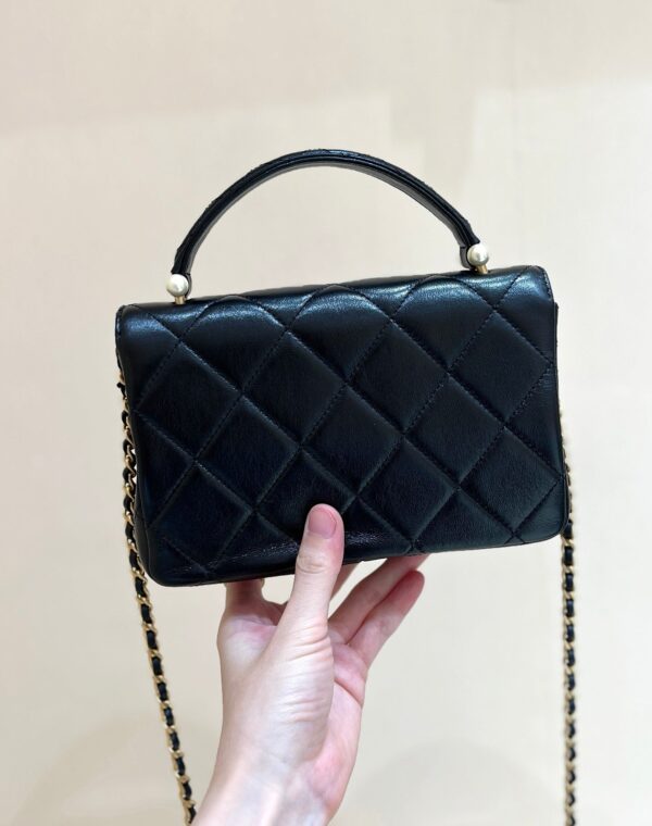 PEARL LIMITED EDITION FLAP BAG WITH HANDLE 20 IN BLACK LAMBSKIN