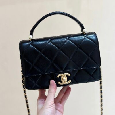 PEARL LIMITED EDITION FLAP BAG WITH HANDLE 20 IN BLACK LAMBSKIN