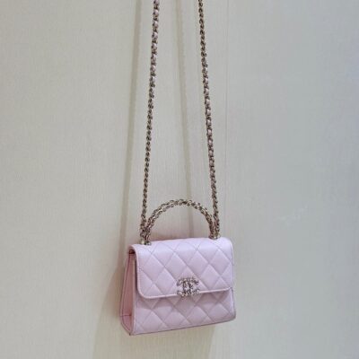 QUILTED MINI FLAP BAG WITH HANDLE 14 IN BABY PINK LAMBSKIN GOLD PLATED METAL