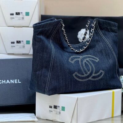 CHANEL 25S VINTEGA DENIM TOTE BAG 48 IN BLUE DENIM SILVER HARDWARE