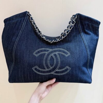 CHANEL 25S VINTEGA DENIM TOTE BAG 48 IN BLUE DENIM SILVER HARDWARE