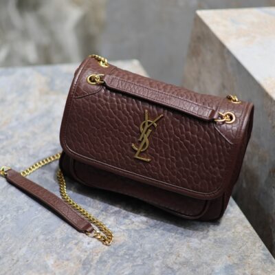 Niki mini crinkled shoulder 22 in Chestnut Brown Lamskin Gold Hardware