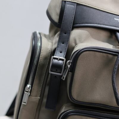 CITY MULTI-POCKET BACKPACK 42 IN KHAKI GREEN NYLON AND BLACK SMOOTH CALFSKIN