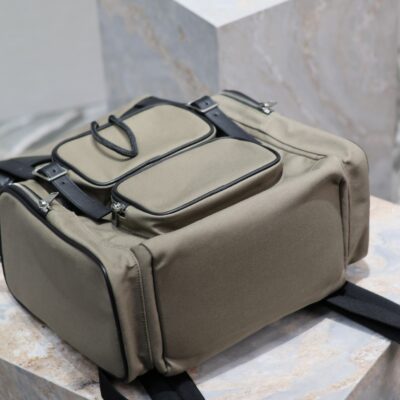 CITY MULTI-POCKET BACKPACK 42 IN KHAKI GREEN NYLON AND BLACK SMOOTH CALFSKIN