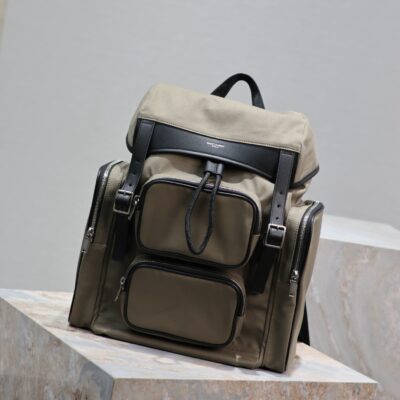 CITY MULTI-POCKET BACKPACK 42 IN KHAKI GREEN NYLON AND BLACK SMOOTH CALFSKIN
