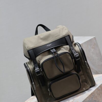 CITY MULTI-POCKET BACKPACK 42 IN KHAKI GREEN NYLON AND BLACK SMOOTH CALFSKIN