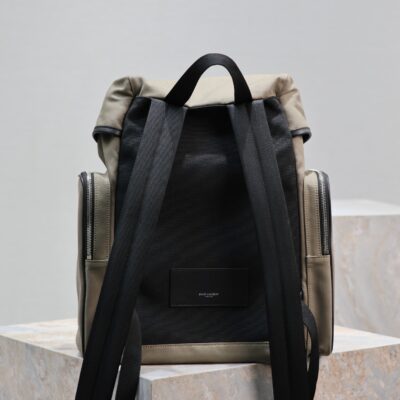 CITY MULTI-POCKET BACKPACK 42 IN KHAKI GREEN NYLON AND BLACK SMOOTH CALFSKIN