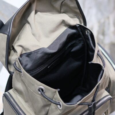 CITY MULTI-POCKET BACKPACK 42 IN KHAKI GREEN NYLON AND BLACK SMOOTH CALFSKIN