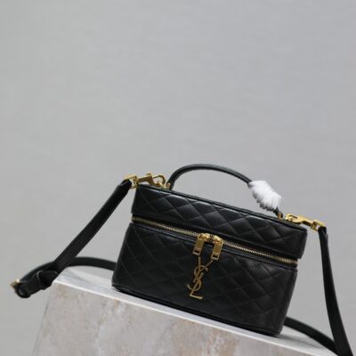 GABY MINI VANITY 18 IN BLACK QUILTED LAMBSKIN GOLD HARDWARE
