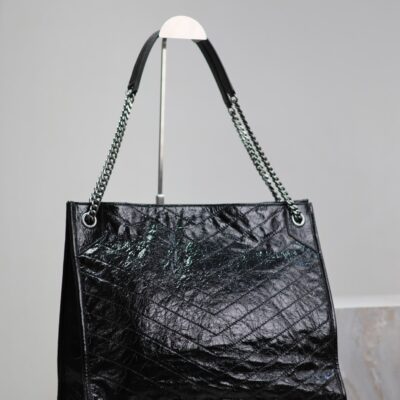 NIKI SHOPPING BAG 39 IN BLACK CRUMPLED CALFSKIN SILVER HARDWARE