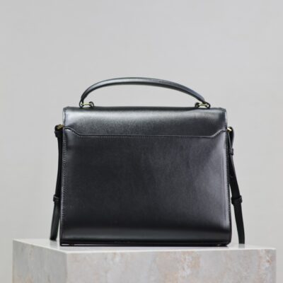 CASSANDRA TOP HANDLE BAG 24 IN BLACK SMOOTH LAMBSKIN GOLD HARDWARE