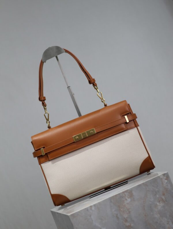 img_f8c0bdc9_20240525_i1716628930_1744_5_jpg MANHATTAN HANDBAG 32 IN BROWN CALFSKIN AND WHITE CANVAS GOLD HARDWARE
