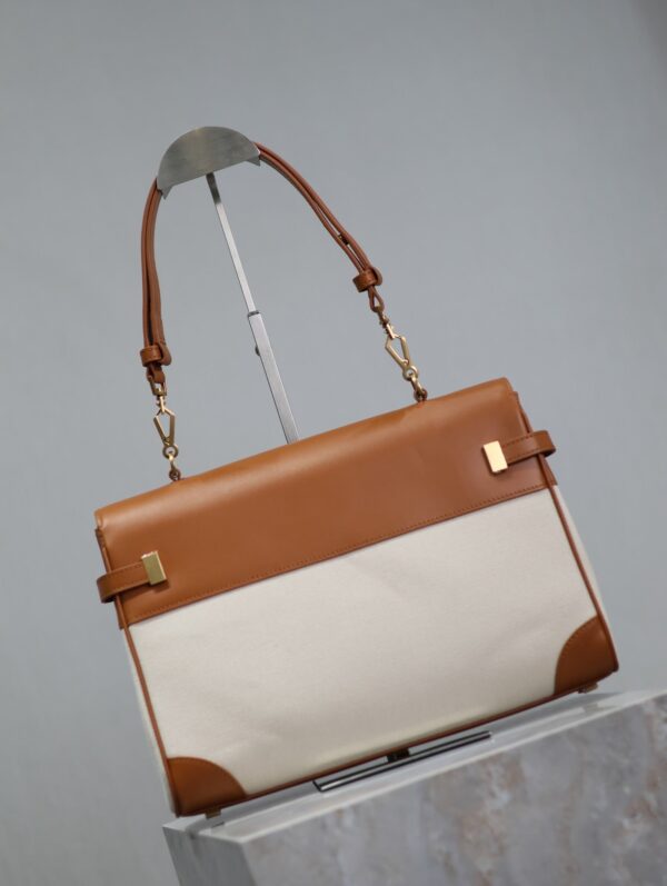 img_f8c0bdc9_20240525_i1716628930_400_4_jpg MANHATTAN HANDBAG 32 IN BROWN CALFSKIN AND WHITE CANVAS GOLD HARDWARE