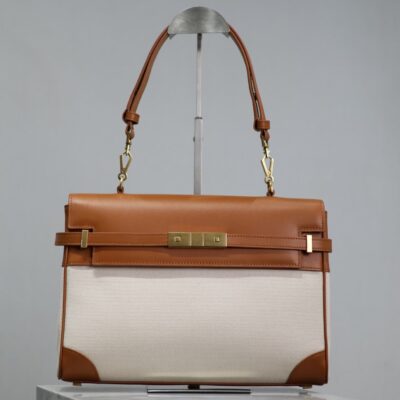 img_f8c0bdc9_20240525_i1716628930_977_0_jpg MANHATTAN HANDBAG 32 IN BROWN CALFSKIN AND WHITE CANVAS GOLD HARDWARE