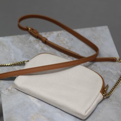 GABY ZIPPED POUCH 19 IN WHITE MIX BROWN COTTON GOLD HARDWARE