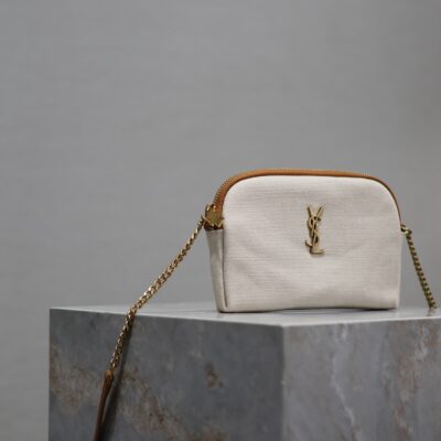 GABY ZIPPED POUCH 19 IN WHITE MIX BROWN COTTON GOLD HARDWARE